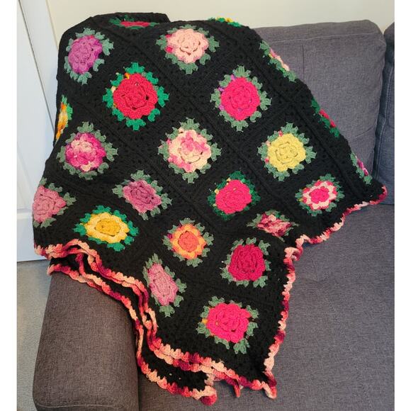 Granny Square Crochet Afghan Flower Rose Colorful Throw Black Multicolor 56X 64 - Picture 4 of 5